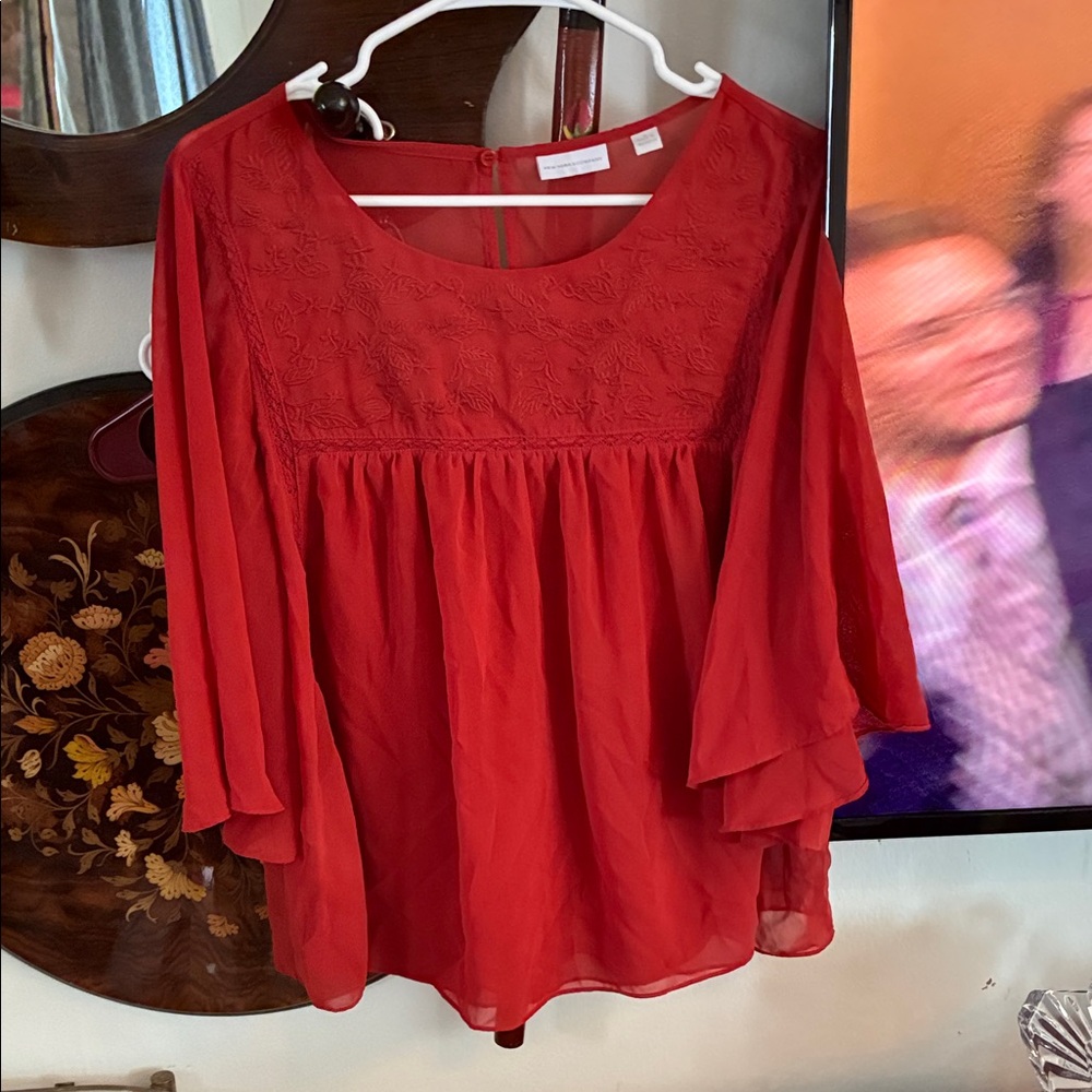 New York & Company Red Blouse with Floral Embroidery